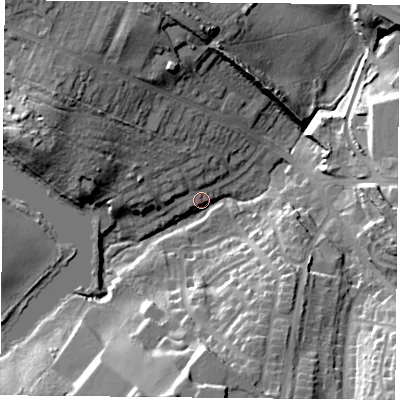 Shaded relief map of the ground around NG210ED, computed from Environment Agency LiDAR. The ground here sits at about 95 m above sea level and falls 26 m across the surrounding 800 m. Surface water reaching this point runs off ground lying to the south-east, 23.2 m higher.