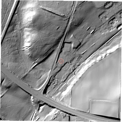 Shaded relief map of the ground around NG210HR, computed from Environment Agency LiDAR. The ground here sits at about 88 m above sea level and falls 37 m across the surrounding 800 m. Surface water reaching this point runs off ground lying to the north, 4.9 m higher.
