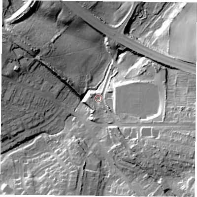 Shaded relief map of the ground around NG210UR, computed from Environment Agency LiDAR. The ground here sits at about 95 m above sea level and falls 33 m across the surrounding 800 m. Surface water reaching this point runs off ground lying to the east-south-east, 16.4 m higher.