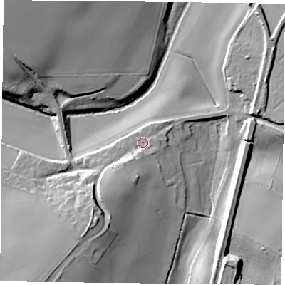 Shaded relief map of the ground around NG219BT, computed from Environment Agency LiDAR. The ground here sits at about 65 m above sea level and falls 24 m across the surrounding 800 m. Surface water reaching this point runs off ground lying to the south, 3.7 m higher.