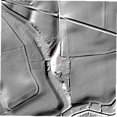Shaded relief map of the ground around NG219HL, computed from Environment Agency LiDAR. The ground here sits at about 75 m above sea level and falls 33 m across the surrounding 800 m. Surface water reaching this point runs off ground lying to the north-north-east, 4.3 m higher.