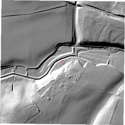 Shaded relief map of the ground around NG219HW, computed from Environment Agency LiDAR. The ground here sits at about 62 m above sea level and falls 33 m across the surrounding 800 m. Surface water reaching this point runs off ground lying to the south-south-east, 18.6 m higher.
