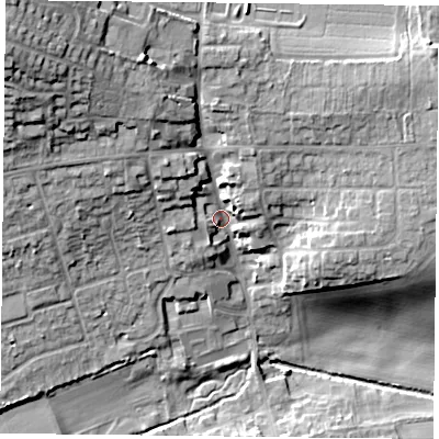Shaded relief map of the ground around NG219QS, computed from Environment Agency LiDAR. The ground here sits at about 56 m above sea level and falls 30 m across the surrounding 800 m. Surface water reaching this point runs off ground lying to the north-west, 20.3 m higher.