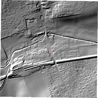 Shaded relief map of the ground around NG219QX, computed from Environment Agency LiDAR. The ground here sits at about 52 m above sea level and falls 20 m across the surrounding 800 m. Surface water reaching this point runs off ground lying to the south, 15.9 m higher.