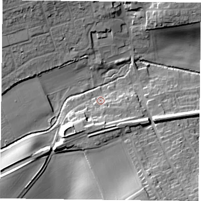 Shaded relief map of the ground around NG219QY, computed from Environment Agency LiDAR. The ground here sits at about 52 m above sea level and falls 21 m across the surrounding 800 m. Surface water reaching this point runs off ground lying to the south-south-west, 10.7 m higher.