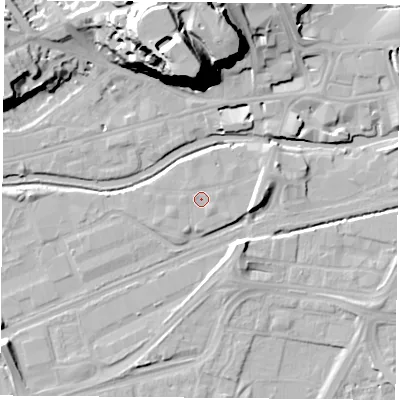 Shaded relief map of the ground around NG21AB, computed from Environment Agency LiDAR. The ground here sits at about 26 m above sea level and falls 42 m across the surrounding 800 m. Surface water reaching this point runs off ground lying to the south-east, 0.8 m higher.