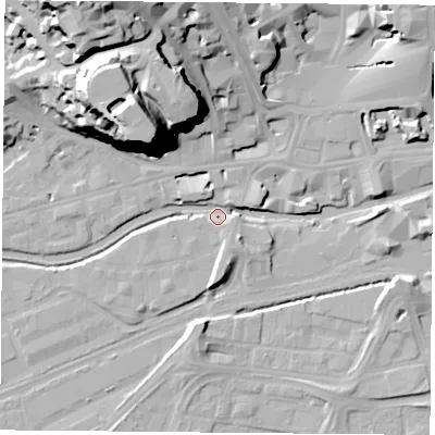 Shaded relief map of the ground around NG21AG, computed from Environment Agency LiDAR. The ground here sits at about 25 m above sea level and falls 42 m across the surrounding 800 m. Surface water reaching this point runs off ground lying to the north-north-west, 4.0 m higher.