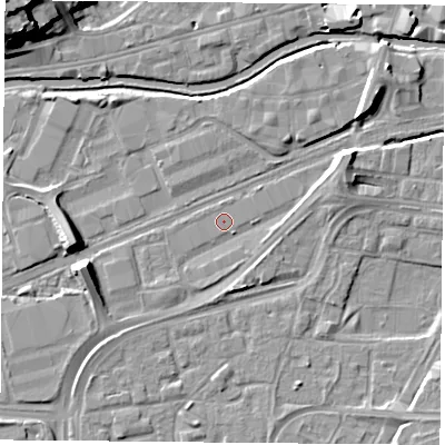 Shaded relief map of the ground around NG21AH, computed from Environment Agency LiDAR. The ground here sits at about 25 m above sea level and falls 20 m across the surrounding 800 m. Surface water reaching this point runs off ground lying to the west-south-west, 6.3 m higher.