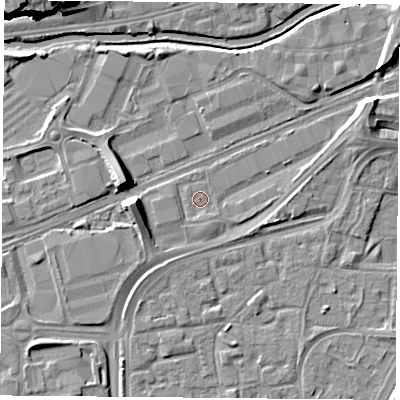 Shaded relief map of the ground around NG21AL, computed from Environment Agency LiDAR. The ground here sits at about 25 m above sea level and falls 14 m across the surrounding 800 m. Surface water reaching this point runs off ground lying to the south-south-east, 0.9 m higher.