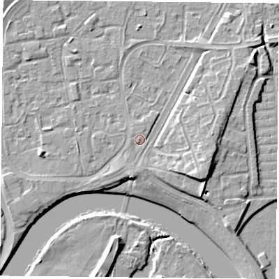 Shaded relief map of the ground around NG21AN, computed from Environment Agency LiDAR. The ground here sits at about 26 m above sea level and falls 10 m across the surrounding 800 m. Surface water reaching this point runs off ground lying to the south-south-west, 1.5 m higher.