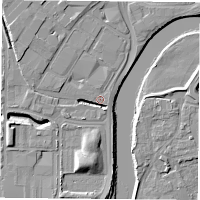 Shaded relief map of the ground around NG21AP, computed from Environment Agency LiDAR. The ground here sits at about 26 m above sea level and falls 11 m across the surrounding 800 m. Surface water reaching this point runs off ground lying to the north-west, 9.1 m higher.