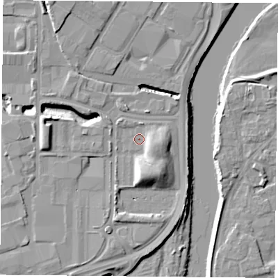 Shaded relief map of the ground around NG21AS, computed from Environment Agency LiDAR. The ground here sits at about 26 m above sea level and falls 11 m across the surrounding 800 m. Surface water reaching this point runs off ground lying to the south-south-east, 7.0 m higher.