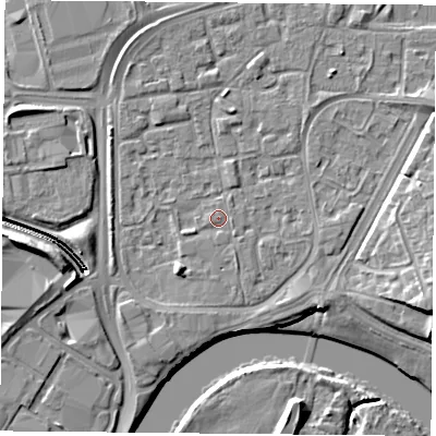 Shaded relief map of the ground around NG21AT, computed from Environment Agency LiDAR. The ground here sits at about 25 m above sea level and falls 11 m across the surrounding 800 m. Surface water reaching this point runs off ground lying to the south-south-east, 0.6 m higher.