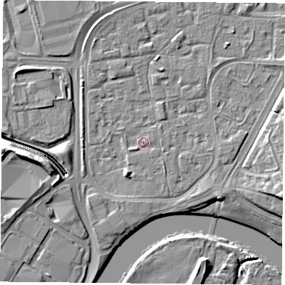 Shaded relief map of the ground around NG21AU, computed from Environment Agency LiDAR. The ground here sits at about 25 m above sea level and falls 11 m across the surrounding 800 m. Surface water reaching this point runs off ground lying to the west-south-west, 1.0 m higher.