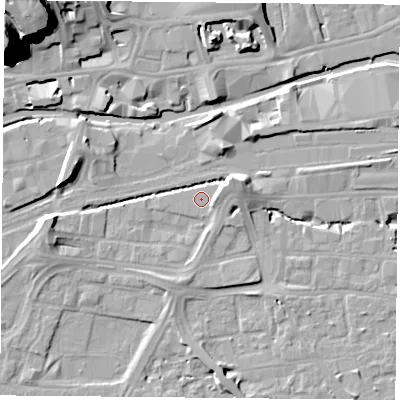 Shaded relief map of the ground around NG21AW, computed from Environment Agency LiDAR. The ground here sits at about 25 m above sea level and falls 42 m across the surrounding 800 m. Surface water reaching this point runs off ground lying to the east, 2.2 m higher.