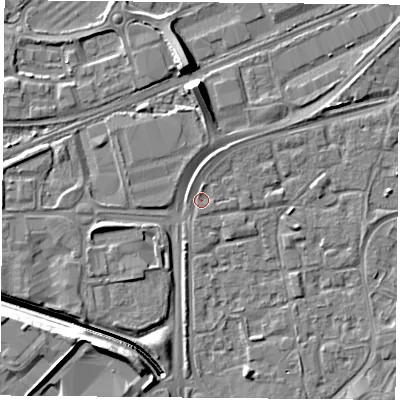 Shaded relief map of the ground around NG21AX, computed from Environment Agency LiDAR. The ground here sits at about 25 m above sea level and falls 11 m across the surrounding 800 m. Surface water reaching this point runs off ground lying to the north, 1.1 m higher.