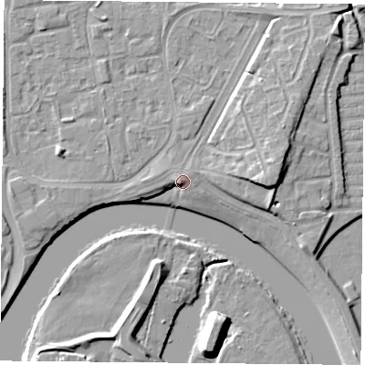 Shaded relief map of the ground around NG21DW, computed from Environment Agency LiDAR. The ground here sits at about 26 m above sea level and falls 10 m across the surrounding 800 m. Surface water reaching this point runs off ground lying to the south-west, 3.7 m higher.