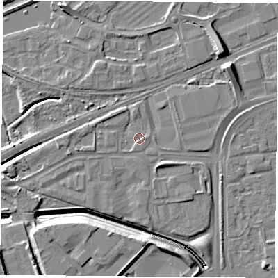 Shaded relief map of the ground around NG21EN, computed from Environment Agency LiDAR. The ground here sits at about 26 m above sea level and falls 11 m across the surrounding 800 m. Surface water reaching this point runs off ground lying to the south-south-west, 1.0 m higher.
