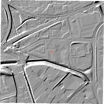 Shaded relief map of the ground around NG21EP, computed from Environment Agency LiDAR. The ground here sits at about 26 m above sea level and falls 14 m across the surrounding 800 m. The ground contributing surface water to this point lies to the north-west.