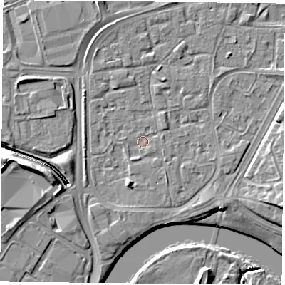 Shaded relief map of the ground around NG21FX, computed from Environment Agency LiDAR. The ground here sits at about 25 m above sea level and falls 11 m across the surrounding 800 m. Surface water reaching this point runs off ground lying to the south-east, 2.0 m higher.