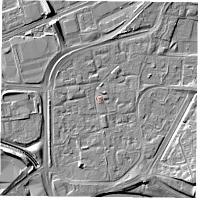 Shaded relief map of the ground around NG21GA, computed from Environment Agency LiDAR. The ground here sits at about 26 m above sea level and falls 11 m across the surrounding 800 m. Surface water reaching this point runs off ground lying to the north-north-east, 2.5 m higher.