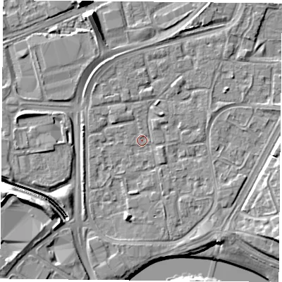Shaded relief map of the ground around NG21GF, computed from Environment Agency LiDAR. The ground here sits at about 25 m above sea level and falls 11 m across the surrounding 800 m. Surface water reaching this point runs off ground lying to the north-north-east, 2.6 m higher.