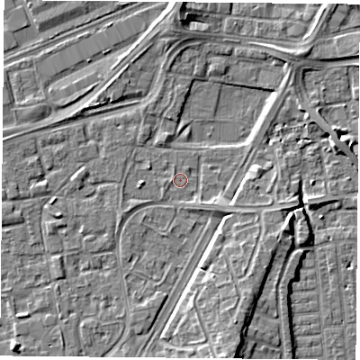Shaded relief map of the ground around NG21HD, computed from Environment Agency LiDAR. The ground here sits at about 25 m above sea level and falls 7 m across the surrounding 800 m. Surface water reaching this point runs off ground lying to the west, 1.7 m higher.