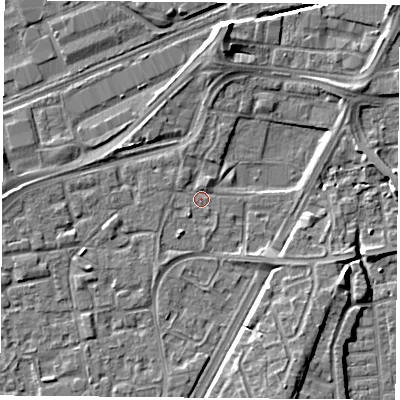 Shaded relief map of the ground around NG21HE, computed from Environment Agency LiDAR. The ground here sits at about 25 m above sea level and falls 7 m across the surrounding 800 m. Surface water reaching this point runs off ground lying to the south-south-west, 2.2 m higher.