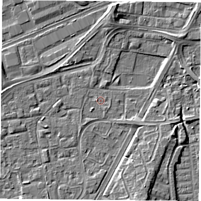 Shaded relief map of the ground around NG21HF, computed from Environment Agency LiDAR. The ground here sits at about 25 m above sea level and falls 7 m across the surrounding 800 m. Surface water reaching this point runs off ground lying to the south-west, 2.2 m higher.