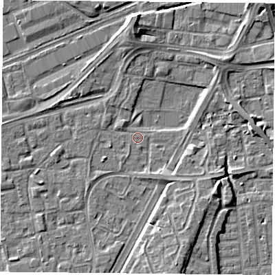 Shaded relief map of the ground around NG21HG, computed from Environment Agency LiDAR. The ground here sits at about 25 m above sea level and falls 7 m across the surrounding 800 m. Surface water reaching this point runs off ground lying to the south-west, 1.9 m higher.