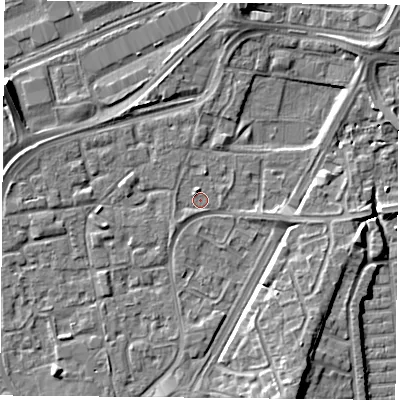 Shaded relief map of the ground around NG21HH, computed from Environment Agency LiDAR. The ground here sits at about 25 m above sea level and falls 8 m across the surrounding 800 m. Surface water reaching this point runs off ground lying to the north-north-west, 2.2 m higher.
