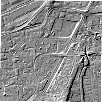 Shaded relief map of the ground around NG21HJ, computed from Environment Agency LiDAR. The ground here sits at about 25 m above sea level and falls 7 m across the surrounding 800 m. Surface water reaching this point runs off ground lying to the east-south-east, 4.1 m higher.