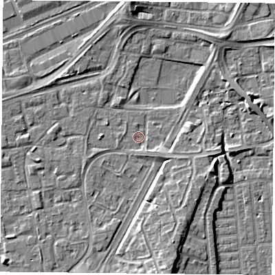 Shaded relief map of the ground around NG21HL, computed from Environment Agency LiDAR. The ground here sits at about 25 m above sea level and falls 7 m across the surrounding 800 m. Surface water reaching this point runs off ground lying to the east-south-east, 4.1 m higher.