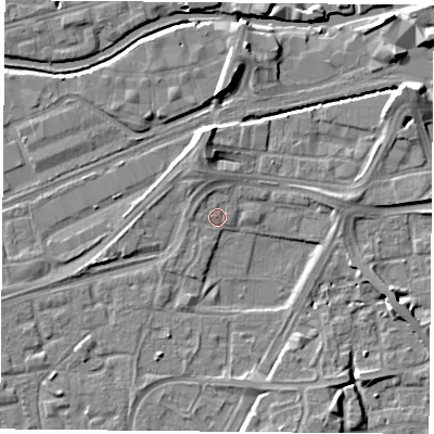 Shaded relief map of the ground around NG21HN, computed from Environment Agency LiDAR. The ground here sits at about 26 m above sea level and falls 7 m across the surrounding 800 m. Surface water reaching this point runs off ground lying to the north-north-west, 1.1 m higher.