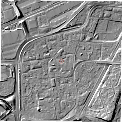 Shaded relief map of the ground around NG21HQ, computed from Environment Agency LiDAR. The ground here sits at about 25 m above sea level and falls 10 m across the surrounding 800 m. Surface water reaching this point runs off ground lying to the north, 1.1 m higher.