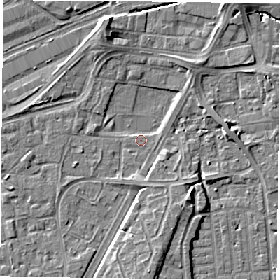 Shaded relief map of the ground around NG21JH, computed from Environment Agency LiDAR. The ground here sits at about 25 m above sea level and falls 7 m across the surrounding 800 m. Surface water reaching this point runs off ground lying to the south-south-east, 4.1 m higher.