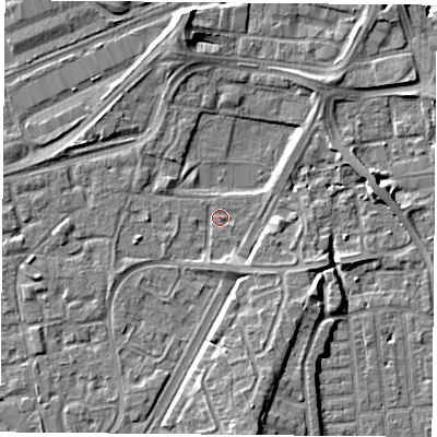 Shaded relief map of the ground around NG21JQ, computed from Environment Agency LiDAR. The ground here sits at about 25 m above sea level and falls 7 m across the surrounding 800 m. Surface water reaching this point runs off ground lying to the south-east, 4.1 m higher.