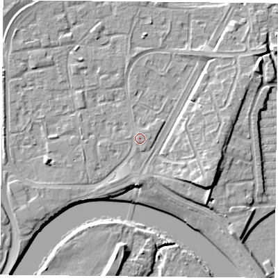 Shaded relief map of the ground around NG21JU, computed from Environment Agency LiDAR. The ground here sits at about 26 m above sea level and falls 10 m across the surrounding 800 m. Surface water reaching this point runs off ground lying to the east-north-east, 0.7 m higher.