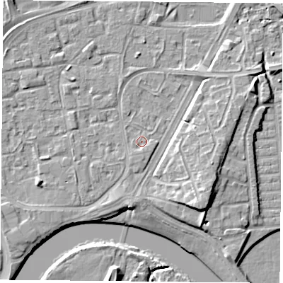 Shaded relief map of the ground around NG21LA, computed from Environment Agency LiDAR. The ground here sits at about 25 m above sea level and falls 10 m across the surrounding 800 m. Surface water reaching this point runs off ground lying to the south, 0.9 m higher.