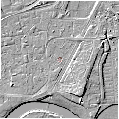 Shaded relief map of the ground around NG21LB, computed from Environment Agency LiDAR. The ground here sits at about 25 m above sea level and falls 10 m across the surrounding 800 m. Surface water reaching this point runs off ground lying to the south-south-west, 0.6 m higher.