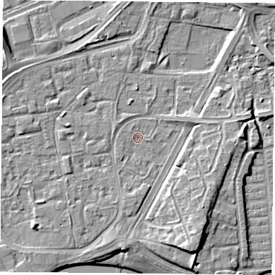 Shaded relief map of the ground around NG21LE, computed from Environment Agency LiDAR. The ground here sits at about 25 m above sea level and falls 10 m across the surrounding 800 m. Surface water reaching this point runs off ground lying to the south, 0.7 m higher.