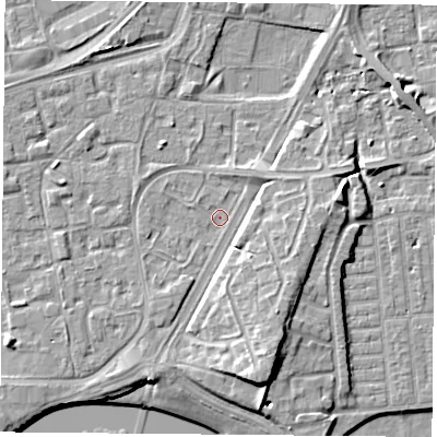 Shaded relief map of the ground around NG21LF, computed from Environment Agency LiDAR. The ground here sits at about 25 m above sea level and falls 10 m across the surrounding 800 m. Surface water reaching this point runs off ground lying to the south-south-east, 5.8 m higher.