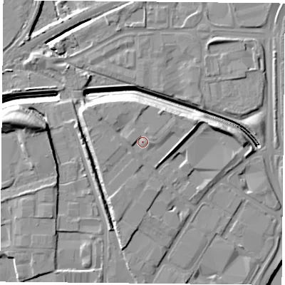 Shaded relief map of the ground around NG21NA, computed from Environment Agency LiDAR. The ground here sits at about 30 m above sea level and falls 14 m across the surrounding 800 m. Surface water reaching this point runs off ground lying to the north-north-east, 2.2 m higher.