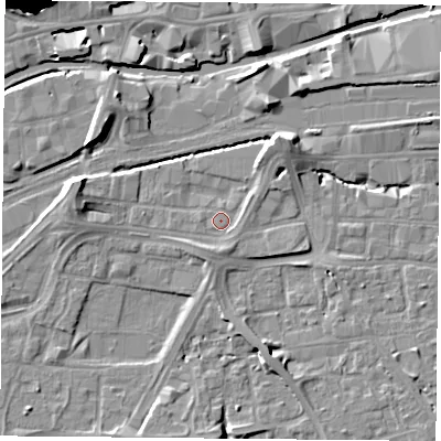 Shaded relief map of the ground around NG21NB, computed from Environment Agency LiDAR. The ground here sits at about 25 m above sea level and falls 39 m across the surrounding 800 m. Surface water reaching this point runs off ground lying to the north-east, 1.4 m higher.
