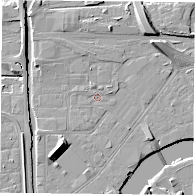 Shaded relief map of the ground around NG21NG, computed from Environment Agency LiDAR. The ground here sits at about 24 m above sea level and falls 16 m across the surrounding 800 m. Surface water reaching this point runs off ground lying to the east-north-east, 1.4 m higher.