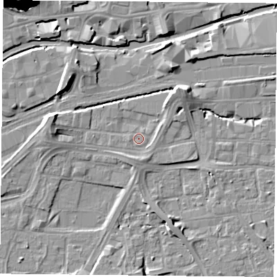 Shaded relief map of the ground around NG21NL, computed from Environment Agency LiDAR. The ground here sits at about 25 m above sea level and falls 42 m across the surrounding 800 m. Surface water reaching this point runs off ground lying to the north-east, 5.3 m higher.