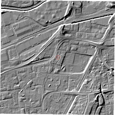 Shaded relief map of the ground around NG21NX, computed from Environment Agency LiDAR. The ground here sits at about 25 m above sea level and falls 7 m across the surrounding 800 m. The ground contributing surface water to this point lies to the west-south-west.