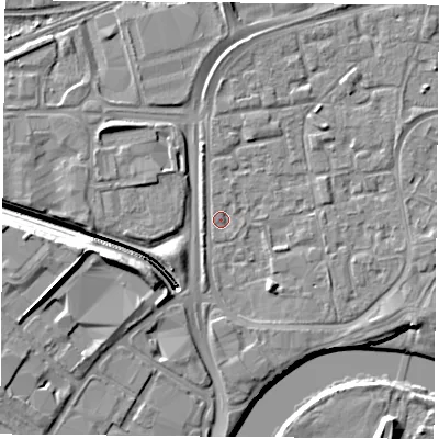 Shaded relief map of the ground around NG21PA, computed from Environment Agency LiDAR. The ground here sits at about 25 m above sea level and falls 11 m across the surrounding 800 m. Surface water reaching this point runs off ground lying to the south-south-west, 2.9 m higher.