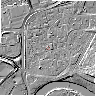 Shaded relief map of the ground around NG21PB, computed from Environment Agency LiDAR. The ground here sits at about 25 m above sea level and falls 11 m across the surrounding 800 m. Surface water reaching this point runs off ground lying to the south-east, 2.0 m higher.