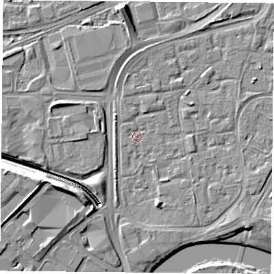 Shaded relief map of the ground around NG21PE, computed from Environment Agency LiDAR. The ground here sits at about 25 m above sea level and falls 11 m across the surrounding 800 m. Surface water reaching this point runs off ground lying to the south-west, 0.7 m higher.